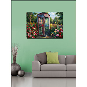 Kanvas Tablo Kırmızı Telefon Kulübesi Ve Çiçekler 100x140 cm