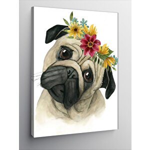 Kanvas Tablo Sevimli Pug Köpek Ve Çiçekler