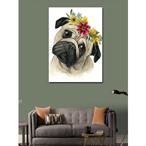 Kanvas Tablo Sevimli Pug Köpek Ve Çiçekler