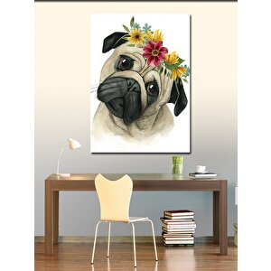 Kanvas Tablo Sevimli Pug Köpek Ve Çiçekler