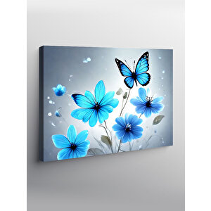 Kanvas Tablo Mavi Kelebek Ve Çiçekler 100x140 cm