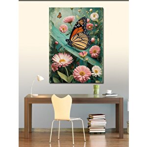 Kanvas Tablo Pembe Çiçekler Ve Kelebek 70x100 cm