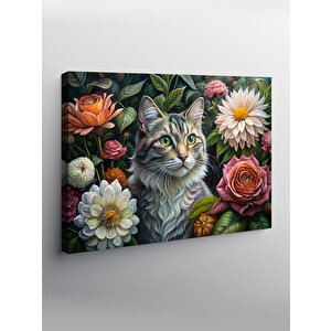 Kanvas Tablo Renkli Çiçekler Ve Kedi