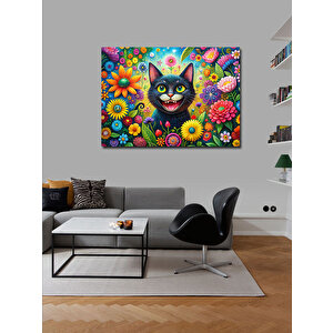Kanvas Tablo Çiçekler Ve Sevimli Kedi 70x100 cm