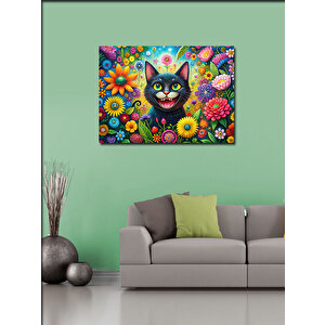 Kanvas Tablo Çiçekler Ve Sevimli Kedi 70x100 cm