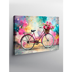 Kanvas Tablo Pembe Retro Bisiklet Ve Çiçekler 70x100 cm