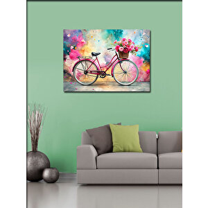 Kanvas Tablo Pembe Retro Bisiklet Ve Çiçekler 70x100 cm