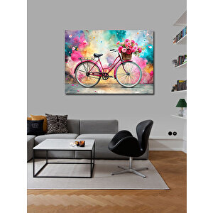Kanvas Tablo Pembe Retro Bisiklet Ve Çiçekler 70x100 cm