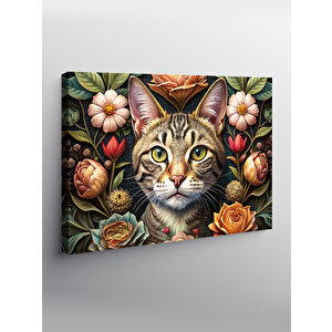 Kanvas Tablo Sevimli Kedi Ve Çiçekler 100x140 cm
