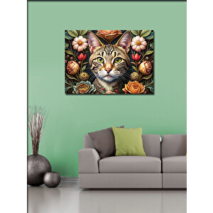 Kanvas Tablo Sevimli Kedi Ve Çiçekler 100x140 cm