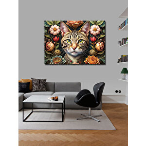 Kanvas Tablo Sevimli Kedi Ve Çiçekler 100x140 cm