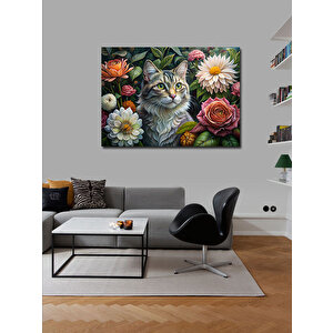 Kanvas Tablo Renkli Çiçekler Ve Tekir Kedi 100x140 cm