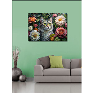 Kanvas Tablo Renkli Çiçekler Ve Tekir Kedi 70x100 cm