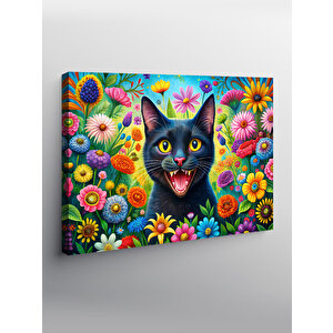 Kanvas Tablo Çiçeklerle Çevrili Sevimli Kedi 70x100 cm
