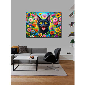 Kanvas Tablo Çiçeklerle Çevrili Sevimli Kedi 70x100 cm