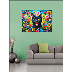Kanvas Tablo Çiçeklerle Çevrili Sevimli Kedi 70x100 cm