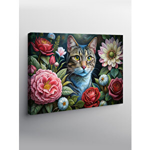 Kanvas Tablo Çiçekler Ve Kedi 100x140 cm