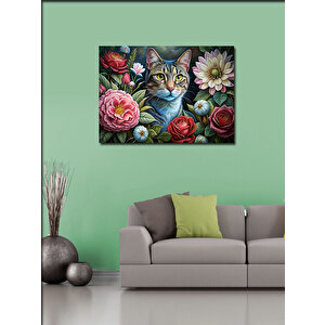 Kanvas Tablo Çiçekler Ve Kedi 100x140 cm