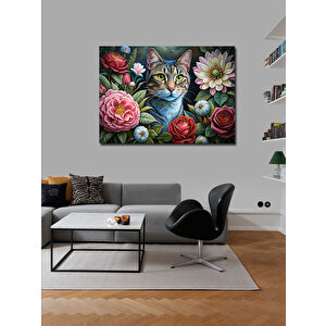 Kanvas Tablo Çiçekler Ve Kedi 100x140 cm