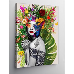Kanvas Tablo Dövmeli Kadın Ve Çiçekler 100x140 cm