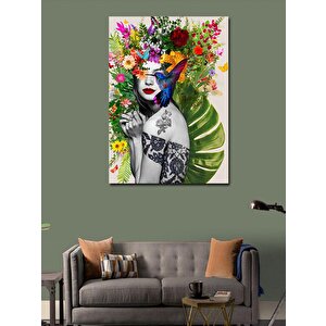 Kanvas Tablo Dövmeli Kadın Ve Çiçekler 100x140 cm