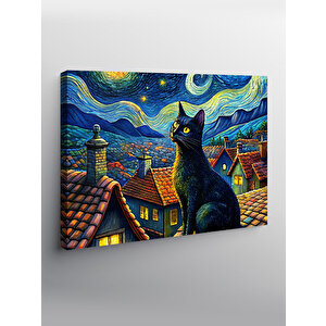 Kanvas Tablo Van Gogh Tarzı Siyah Kedi Ve Retro Evler 70x100 cm