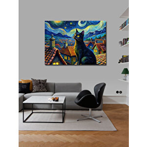 Kanvas Tablo Van Gogh Tarzı Siyah Kedi Ve Retro Evler 70x100 cm