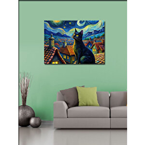 Kanvas Tablo Van Gogh Tarzı Siyah Kedi Ve Retro Evler 70x100 cm