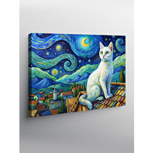 Kanvas Tablo Beyaz Kedi  Ve Retro Evler Van Gogh Tarzı 70x100 cm