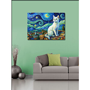 Kanvas Tablo Beyaz Kedi  Ve Retro Evler Van Gogh Tarzı 70x100 cm