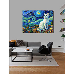 Kanvas Tablo Beyaz Kedi  Ve Retro Evler Van Gogh Tarzı 100x140 cm