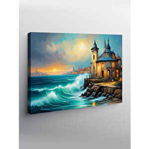 Kanvas Tablo Retro Ev Ve Kıyıya Vuran Dalgalar 100x140 cm