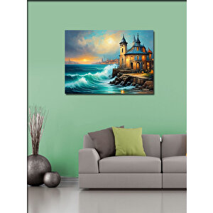 Kanvas Tablo Retro Ev Ve Kıyıya Vuran Dalgalar 100x140 cm