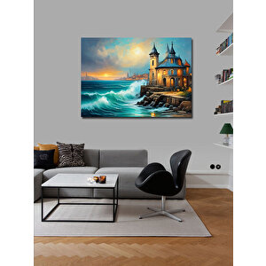 Kanvas Tablo Retro Ev Ve Kıyıya Vuran Dalgalar 100x140 cm