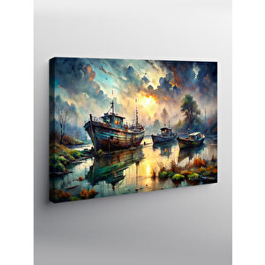 Kanvas Tablo Çürümüş Tekneler Ve Göl 100x140 cm