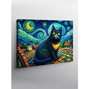 Kanvas Tablo Sevimli Siyah Kedi Ve Retro Evler 100x140 cm