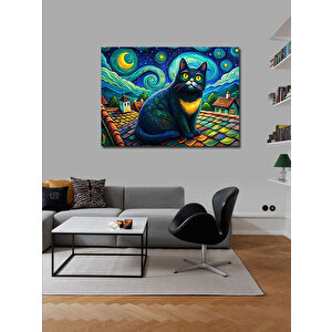 Kanvas Tablo Sevimli Siyah Kedi Ve Retro Evler 100x140 cm