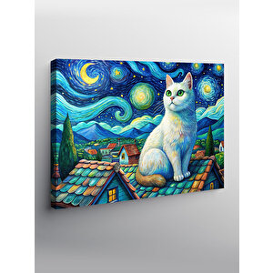Kanvas Tablo Beyaz Kedi Ve Retro Evler 100x140 cm