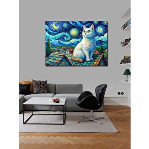 Kanvas Tablo Beyaz Kedi Ve Retro Evler 100x140 cm