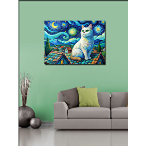 Kanvas Tablo Beyaz Kedi Ve Retro Evler 100x140 cm