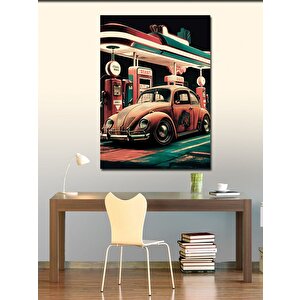 Kanvas Tablo Retro Benzin İstasyonu Ve Araba 100x140 cm