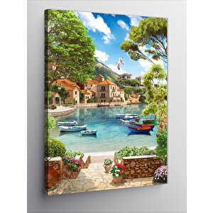 Kanvas Tablo Göl Manzaralı Evler Ve Sandallar 100x140 cm