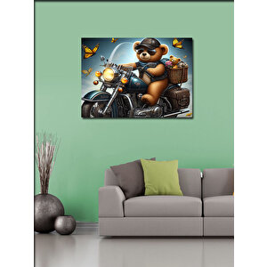 Kanvas Tablo Mavi Chopper Motosiklet Ve Ayıcık 100x140 cm