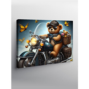 Kanvas Tablo Mavi Chopper Motosiklet Ve Ayıcık
