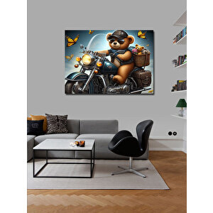 Kanvas Tablo Mavi Chopper Motosiklet Ve Ayıcık
