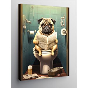 Kanvas Tablo Tuvaletteki Gazete Okuyan Pug Köpek 100x140 cm