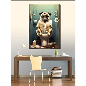Kanvas Tablo Tuvaletteki Gazete Okuyan Pug Köpek 100x140 cm