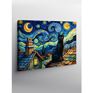 Kanvas Tablo Siyah Kedi Ve Retro Evler 100x140 cm