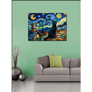 Kanvas Tablo Siyah Kedi Ve Retro Evler 100x140 cm