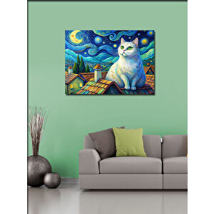 Kanvas Tablo Beyaz Kedi Ve Retro Evler 100x140 cm